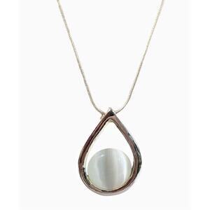 White Lucite Crystal Tear Drop Necklace in a Silver Frame w/ Silver Chain